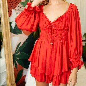 Mustard Seed Red Romper with Smocked Waist - Women Tops